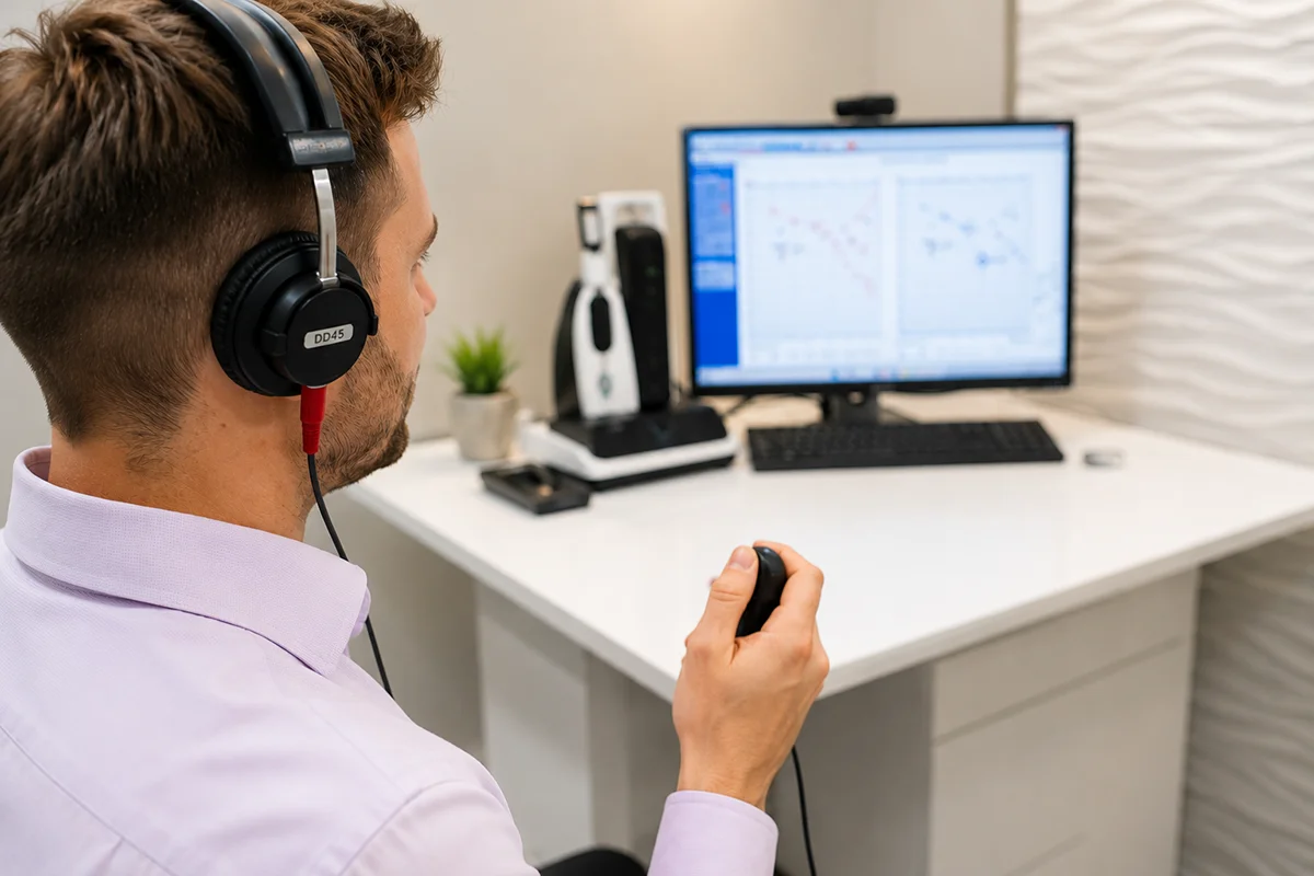Private hearing test in progress at Fairfield Hearing's Edinburgh clinic using specialist audiology equipment.