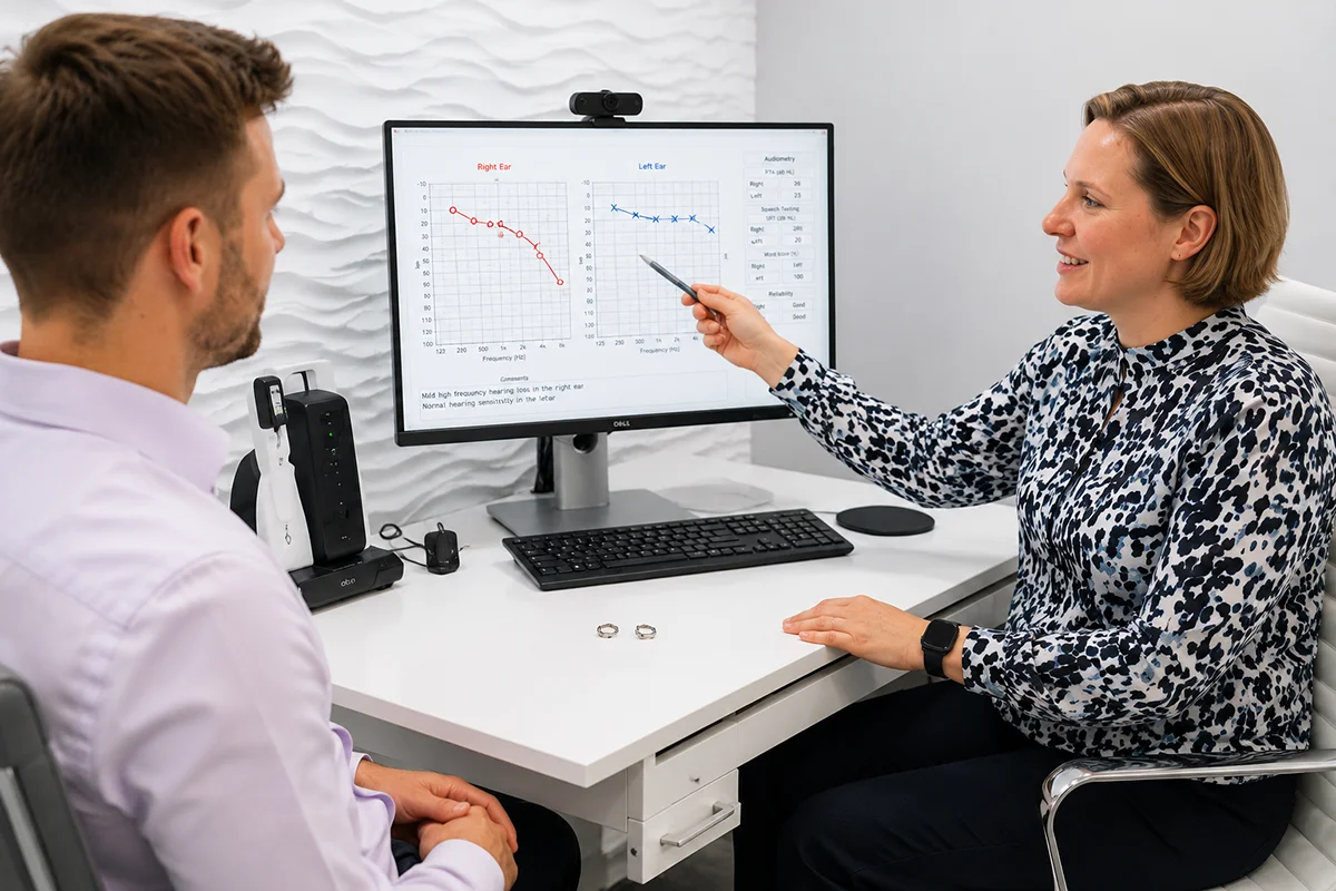 HCPC-registered audiologist discussing audiogram results and personalised hearing recommendations with a patient.