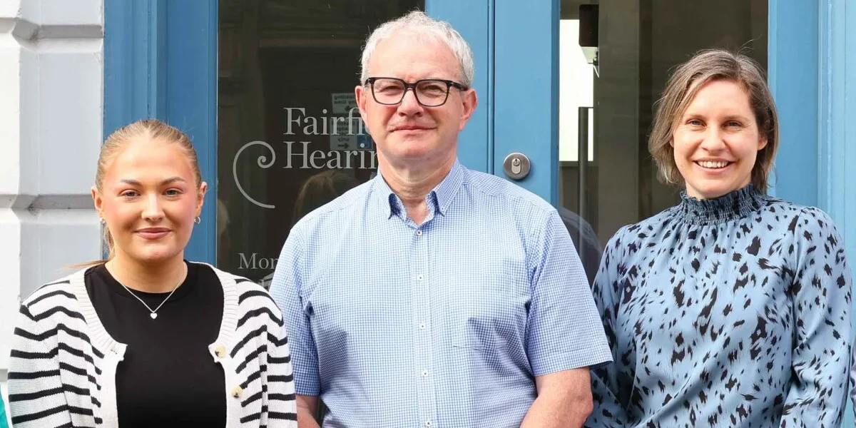Sophie Halliday, Stephen Fairfield and Louise Stewart, the three HCPC registered audiologists at Fairfield Hearing, photographed outside the Edinburgh clinic on Stafford Street