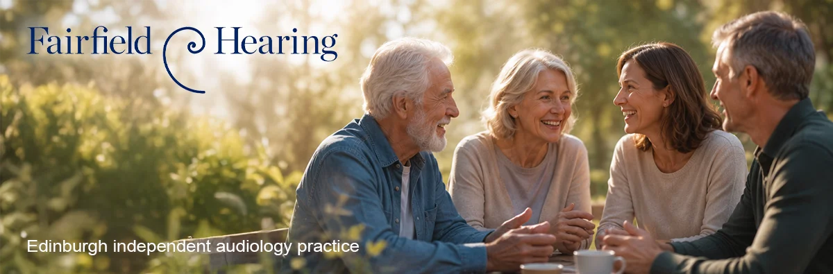 Four adults in their 50s and 60s enjoying relaxed outdoor conversation thanks to Fairfield Hearing, Edinburgh independent audiology practice