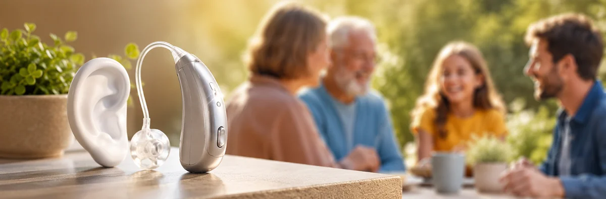 A modern receiver in canal hearing aid in close up foreground with three generations of a family in relaxed outdoor conversation behind | Fairfield Hearing Edinburgh